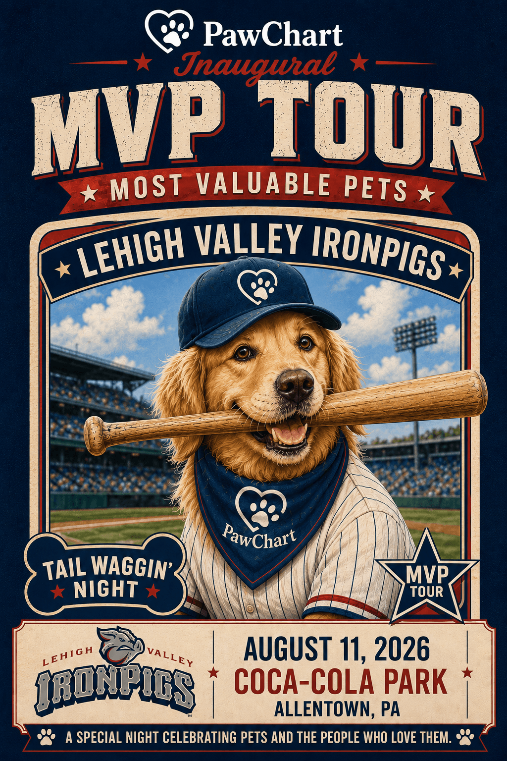PawChart MVP Tour flyer — Lehigh Valley IronPigs Tail Waggin' Night at Coca-Cola Park, Allentown PA, August 11 2026